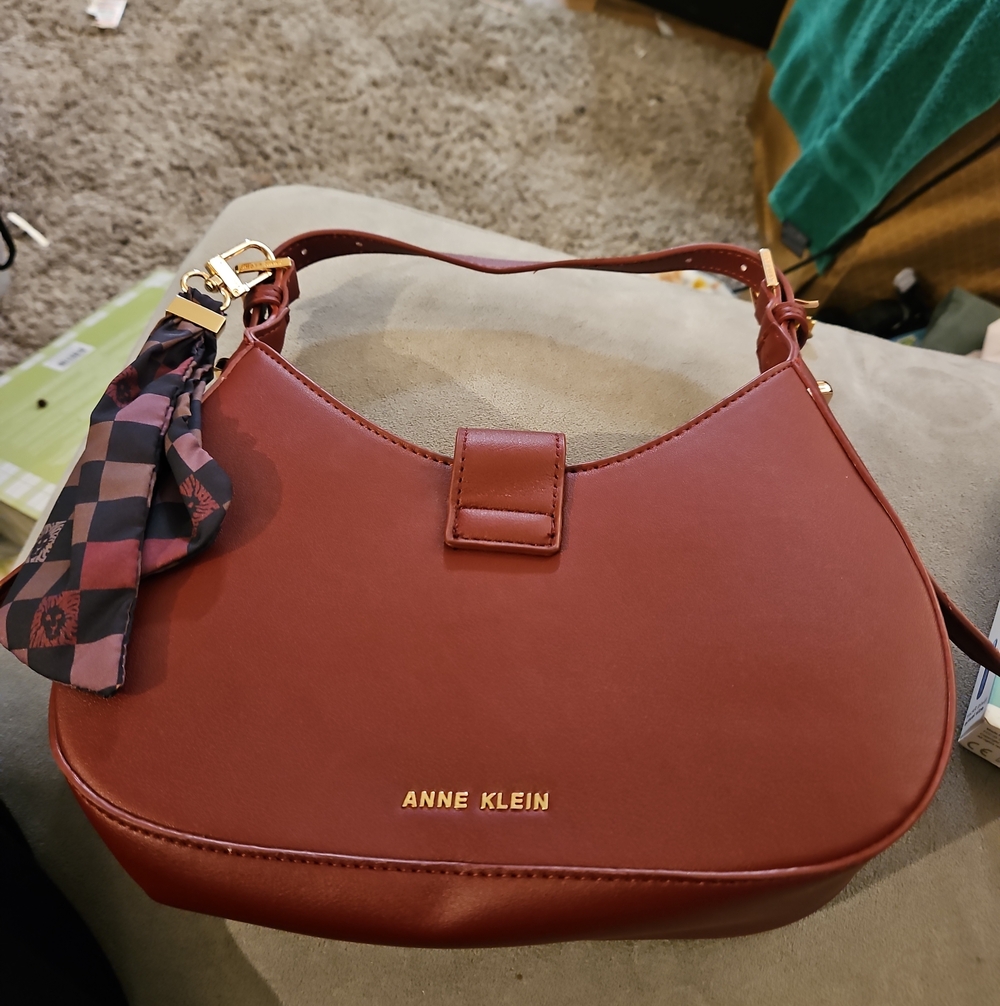 Anne Klein Brick Red Crescent Shoulder Bag with Scarf Accent